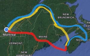 Carte illustrant trois trajets pour se rendre en voiture en Nouvelle-Écosse